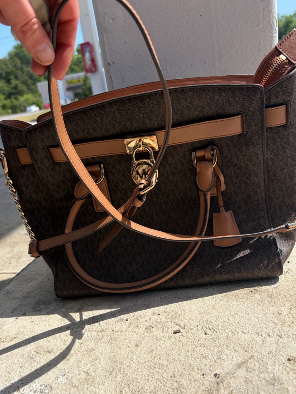 Michael Kors Brown Logo Satchel with Tan Leather Trim
